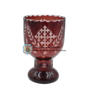 Pahar candelă din sticlă, gravat manual cu model floral și cruce patriarhală N13 303338