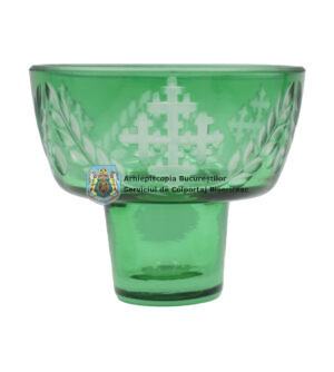 Pahar din sticlă, gravat cu model floral și cruce patriarhală N4 327051